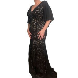 Amelia Couture Black lace formal dress, chiffon capelet, nude underlayer size 18